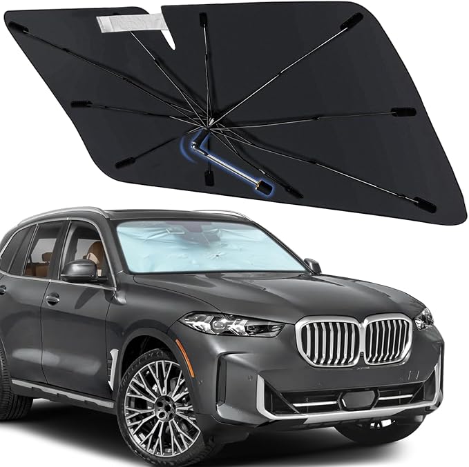 Windshield Sun Shade Umbrella for BMW x5 2014-2026 Front Window Shield | Foldable Sunshade with 360° Rotating Shaft, Custom Fit Car Shades for x5 Accessories with UV & Heat Protection by Visufy