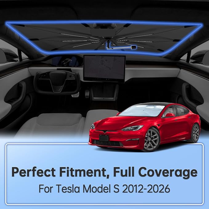 Windshield Sun Shade Umbrella fit for Tesla Model S 2012-2026 Front Window | Foldable Car Sunshade, 360 Rotation Automotive Interior UV Protection for Outdoor Parking, Keep Car Cool - Image 2