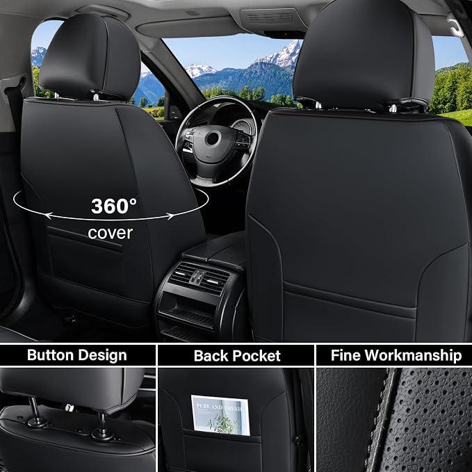 Coverado Car Seat Covers Full Set, Luxury Nappa Leather Seat Cover, Universal Seat Covers for Cars, Front and Back Waterproof Seat Cover Car Seat Protector Fit for Most Cars(Black) - Image 2