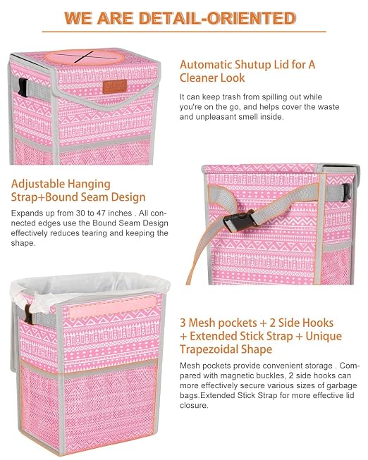 Pritent Car Trash Can with Lid Leakproof Car Garbage Bag Vehicle Trash Bin | Hanging Automotive Garbage Can,Multipurpose Car Accessories for Women Men Interior Car Storage Organizer(2 Gal,Pink Print) - Image 4