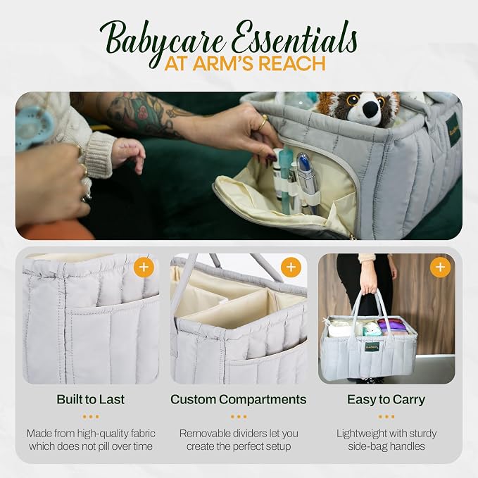Large Diaper Caddy Organizer with Handle – Baby Basket for Nursery, Car, and Changing Table – Portable Baby Storage with Compartments – Perfect for New Parents and Baby Shower Gifts (Gray) - Image 6