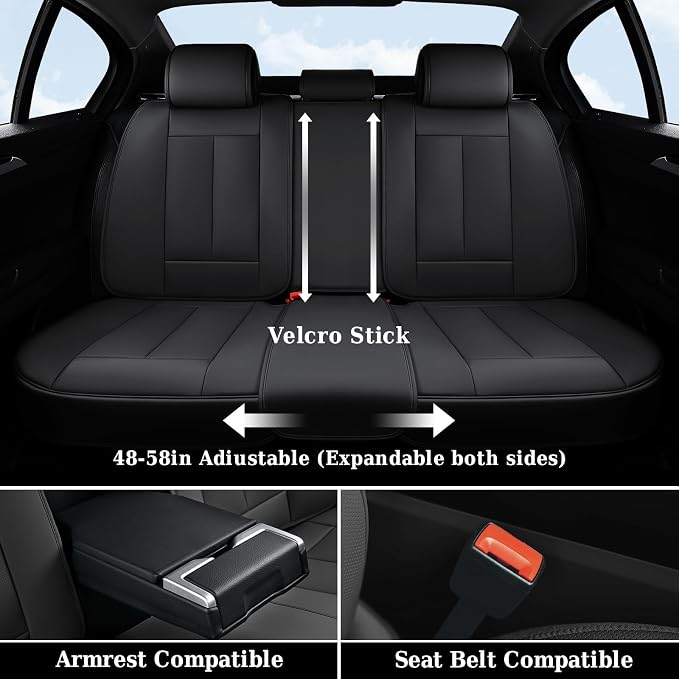 Coverado Car Seat Covers Full Set, Luxury Nappa Leather Seat Cover, Universal Seat Covers for Cars, Front and Back Waterproof Seat Cover Car Seat Protector Fit for Most Cars(Black) - Image 7