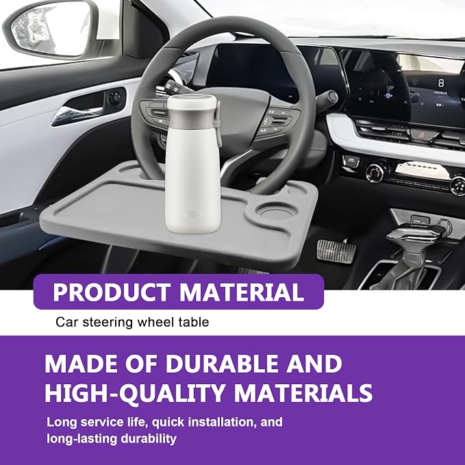 Car Steering Wheel Desk Tray for Laptop and Eating 2 in 1 Multipurpose Travel Accessory with Drink and Pen Holder Compatible with Most Vehicles Grey - Image 6