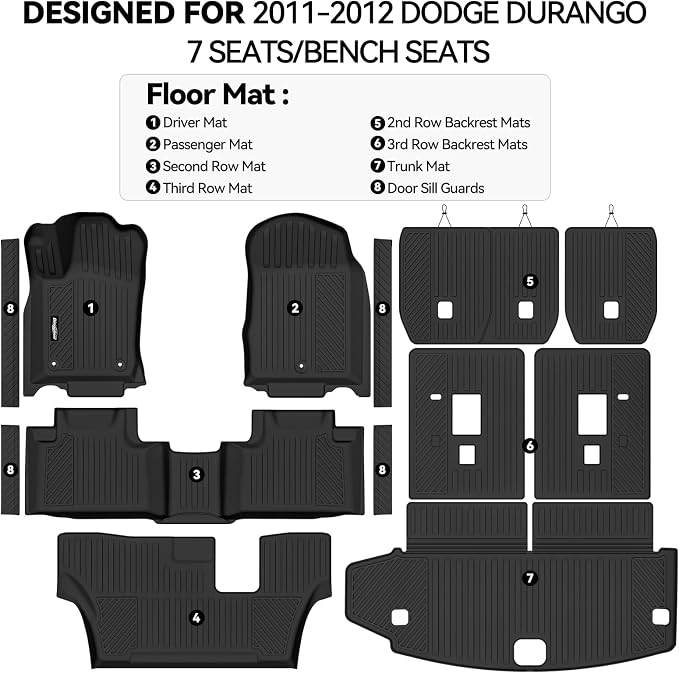 Floor Mats for 2011-2012 Dodge Durango 7 Seats/Bench Seats | Trunk Mat and 2nd/3rd Backrest Mat & Door Sill Guard All Weather TPE Protector Full Set Interior Accessories Floor Liners - Image 2