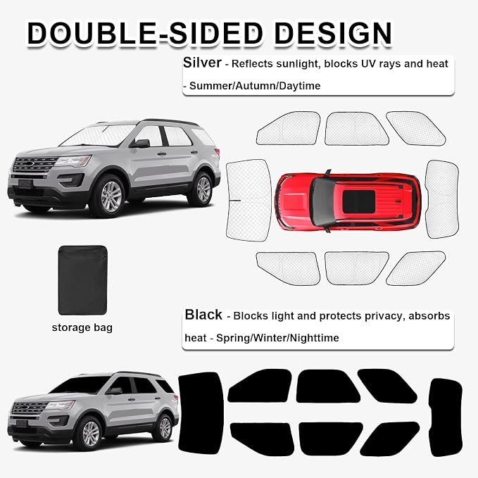 KMF 8pcs Thicken Sun Shades for Ford Explorer 2011-2019 Accessories,Windshield Sunshade Full Car Window Covers for Side Rear, Sun Visor UV Block and Blackout Privacy for Camping Outdoor - Image 3