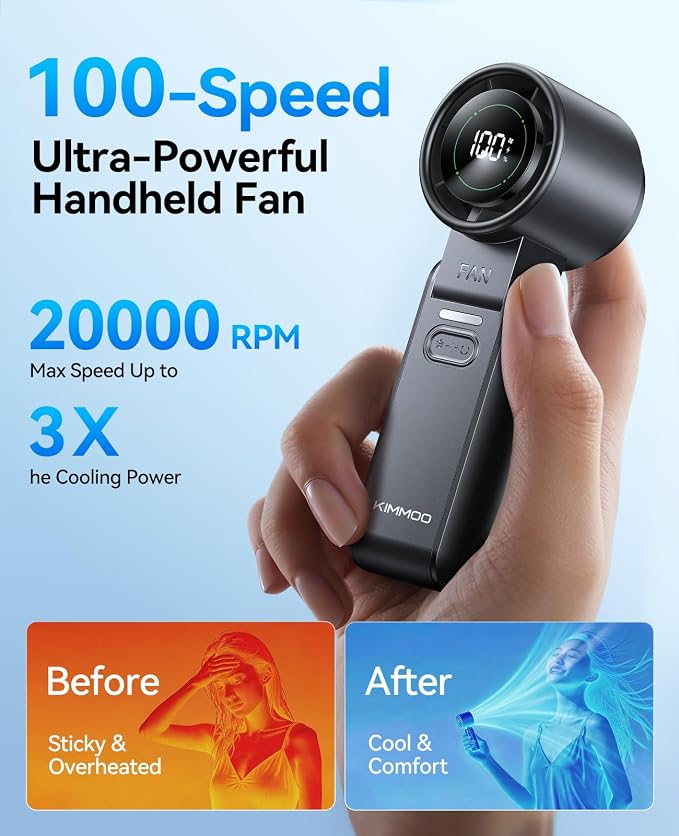 KIMMOO 3-in-1 Portable Handheld Turbo Fan-100 Speeds,Powerful 20000 RPM, 12Hrs Cooling, LED Display, 120° Rotation, USB Rechargeable Mini Hand Held Personal Fan for Travel Makeup Outdoor Indoor, Black - Image 5