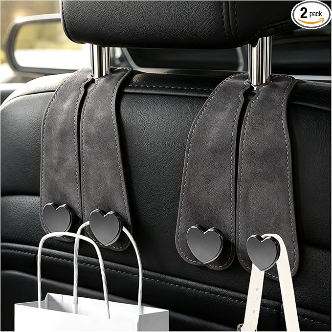 2 PCS Car Seat Headrest Hook, Cute Heart Shape Auto Seat Back Storage Hanger, Suede Double Headrest Purse Hooks Storage Organizer for Most Vehicles, Car Accessories (Gray) by Unknown
