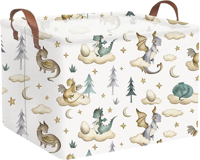 Rectangular Dinosaur Baskets,Watercolor cute dragon fairy tale kids nursery basket,Cloud moon star dragon egg laundry basket for kid,Toys Box,Dinosaur Room Decor(Cute dinosaur) by FXOCSHE