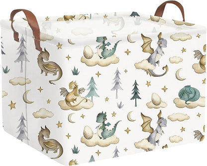 Rectangular Dinosaur Baskets,Watercolor cute dragon fairy tale kids nursery basket,Cloud moon star dragon egg laundry basket for kid,Toys Box,Dinosaur Room Decor(Cute dinosaur) by FXOCSHE