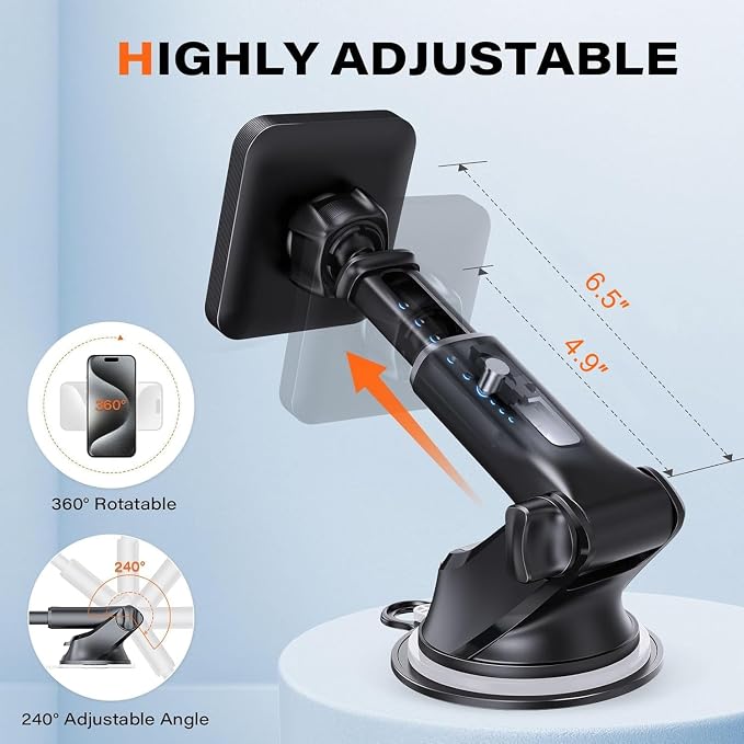 APPS2Car for MagSafe Car Mount, Magnetic Phone Holder with Suction Cup | 17 Strong Magnets & Adjustable Arm, Dashboard & Windshield Phone Mount Compatible with MagSafe Case iPhone 12–17 Series - Image 5