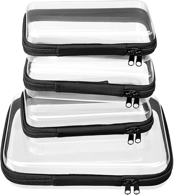 4 pcs Clear Zipper Pouches,Hard Shell Zipper Case, Toiletry Bag for Travel | CLear Diaper Bag, Toiletry Pouch, Travel Organizer, Cosmetic Bag,Toy Storage Bins (M+3S)(Black) by WELPIRT