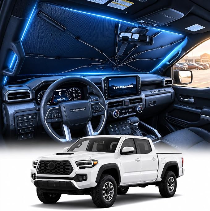 [2026 Upgraed] DooGooCoo Windshield Sun Shade Umbrella for Toyota Tacoma [100% Sunlight Blocked, Ice Crystal Cool] Sunshade for Car Windshield for Tacoma Sun Shade 2016-2026, Custom Fit for Tacoma. by DooGooCoo