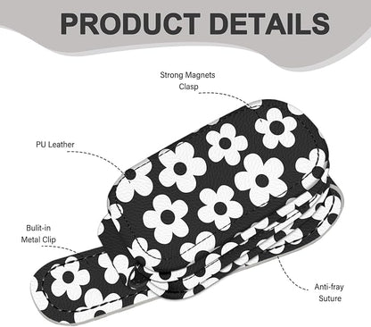 2 Pack Magnetic Leather Sunglass Holder, Universal Magnetic Car Eyeglass Hanger Clip for Different Size Eyeglasses, Car Visor Accessories (Black White Floral) - Image 2