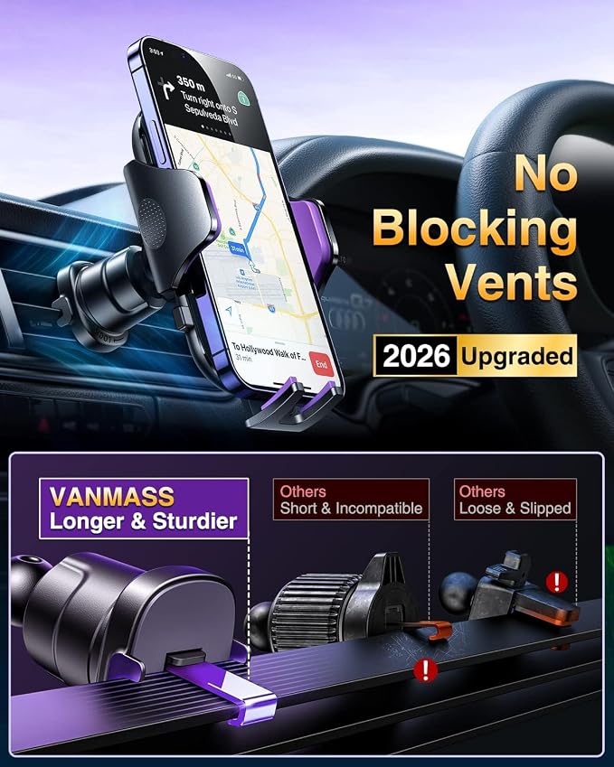 VANMASS [True Military-Grade] Car Phone Holder [Upgraded Suction & Clip] Cell Phone Mount for Dashboard Windshield Vent Truck Cradle Dash Stand for iPhone 16 Pro Max 15 14 13 12 Android, Purple - Image 6