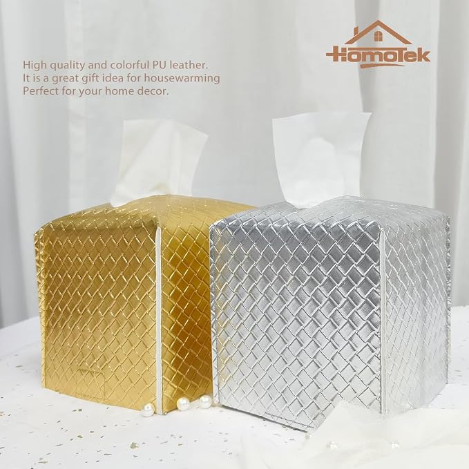 HOMOTEK 2 Pack Tissue Box Cover, Square PU Leather Tissue Holder, Decorative Facial Tissue Cube Paper Organizer Dispenser for Bathroom, Night Stands, Desk, Car 5X5X5'' - Woven Waffle, Brass - Image 6