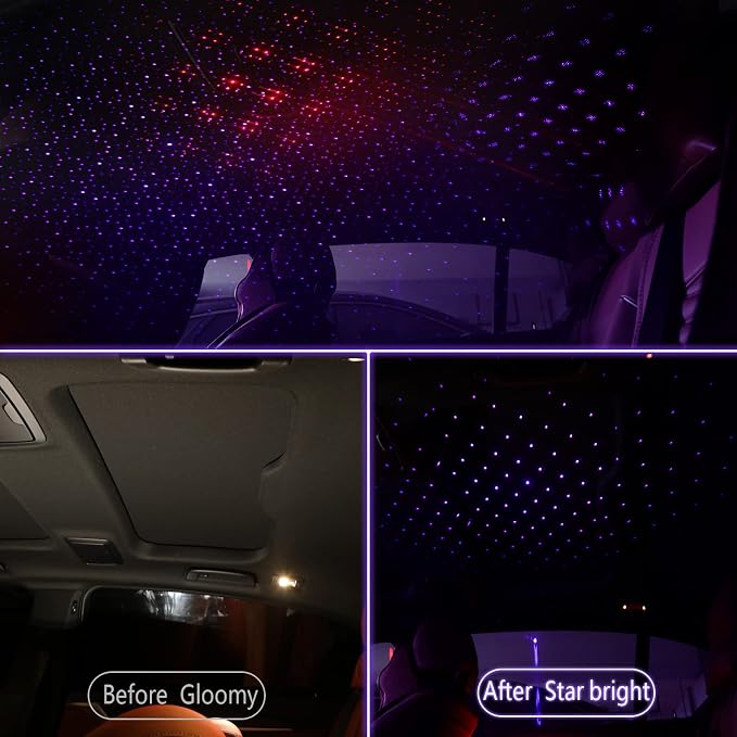 Hortsun 2 Pack USB Star Projector Night Light for Car, LED Night Lamp | Adjustable Starry Ceiling, Bedroom & Party Atmosphere, Plug-in USB, Rotating Projection, Interior Roof Decor - Image 2
