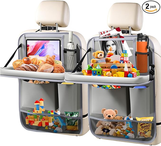2Pack Car Backseat Organizer with Foldable Table Tray,6 Storage Pockets Car Storage Organizer with Tablet Holder,Car Seat Back Protectors Kick Mats Travel Accessories (Grey) by Zecirl