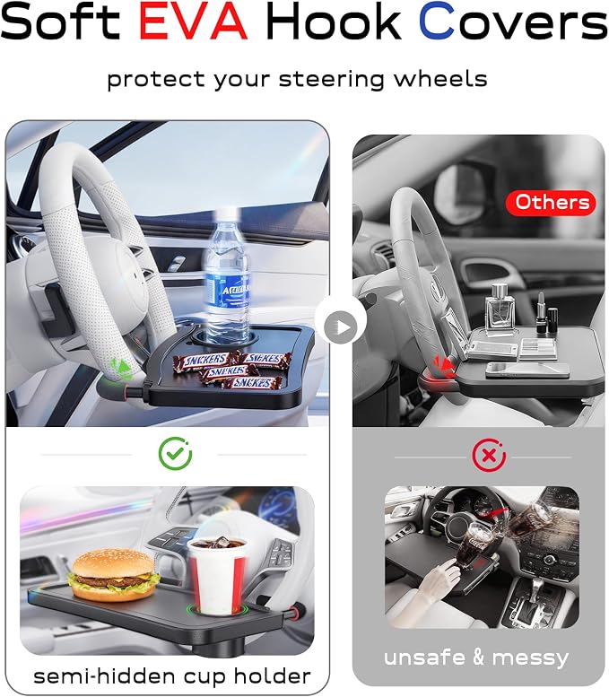 Car Steering Wheel Tray for Drivers Steering Wheel Tray for Dining, Mobile Office & Travel Food with Cup Holder, Scratch-Free EVA Hook Covers, 2-in-1 Desk Table for Car - Black - Image 7