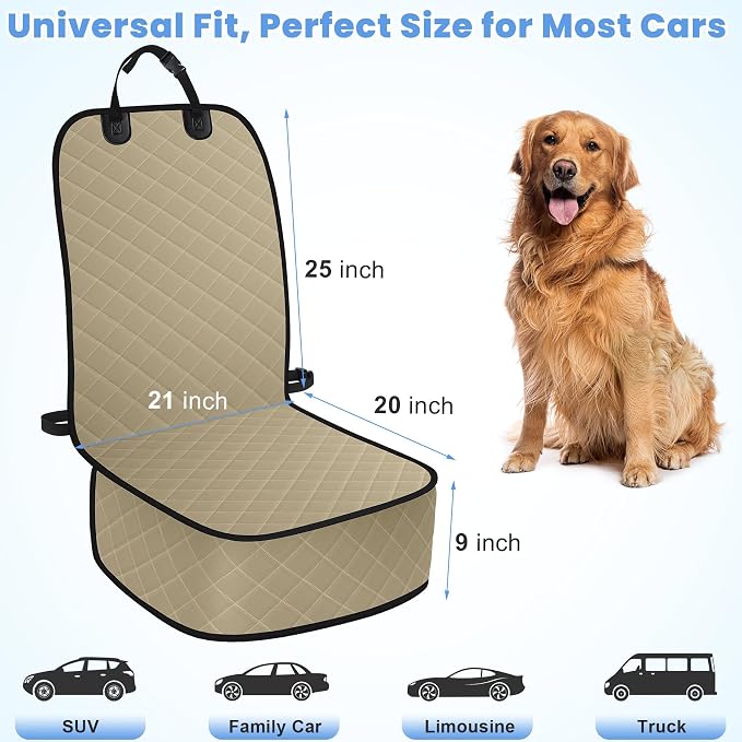 ELONGRIVER Dog Car Seat Covers, Waterproof Front Seat Cover | Scratch-Proof, Nonslip Pet Passenger Seat Cover Protector, Universal Fit for Cars Trucks SUVs, Large Size 1 Pack, Khaki - Image 7