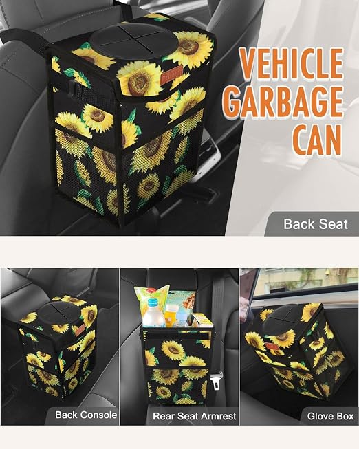 Pritent Car Trash Can with Lid Leakproof Car Garbage Bag Vehicle Trash Bin | Hanging Automotive Garbage Can,Multipurpose Car Accessories for Women Men Interior Car Storage Organizer(2 Gal,Sunflower) - Image 6