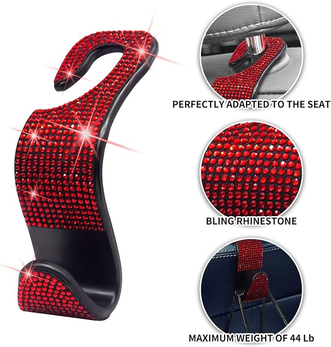 Car Purse Hook Bling Car Headrest Hook for Women Girls, 4 Packs Auto Back Seat Hangers Rear Headrest Hooks for Purse, Bag, Handbag, Grocery (Red) - Image 2