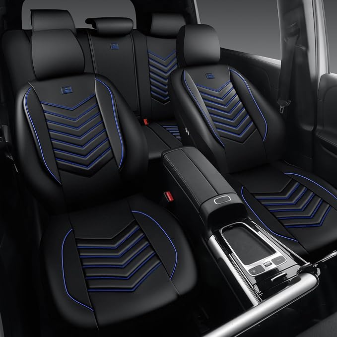 CAR PASS 3D Foam Faux Leather Seat Covers Full Set, Waterproof Leather Seat Cover for Cars, Luxury Universal Fit for SUV Truck Sedan Automotive, Armrest Airbag Compatible Anti-Slip, Black and Blue - Image 5