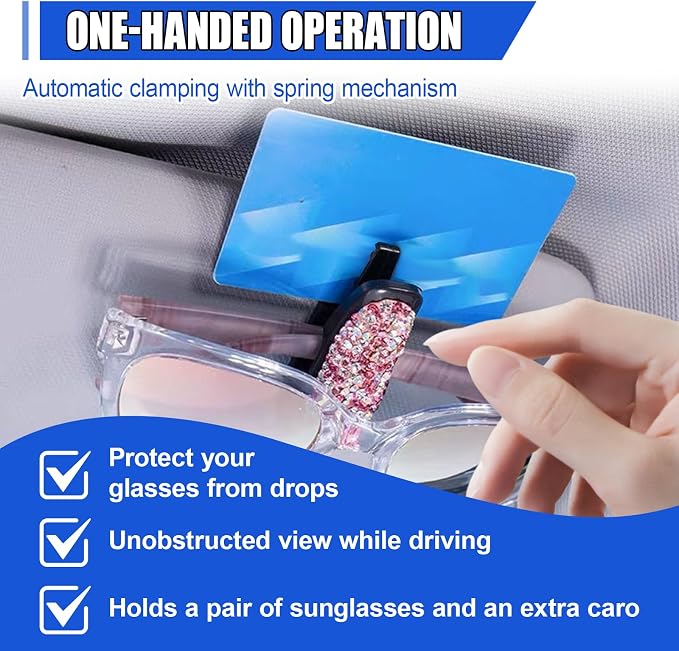 2PCS Bling Sunglass Holder for Car Sun Visor, Crystal Rhinestone Car Eyeglasses Hanger Mount with Ticket Card Clip, Fashion Auto Visor Decoration Accessories for Women Girls (Pink) - Image 3