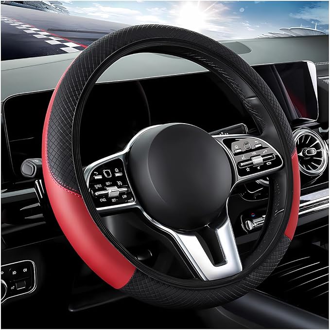 DXNQ Car Steering Wheel Cover, 15 Inch Carbon Fiber Leather Stitching Color Steering Wheel Protector, Anti-Slip Elastic Breathable Steering Wheel Cover Stylish Decor for Most Cars (Black&Red, AD) by DXNQ