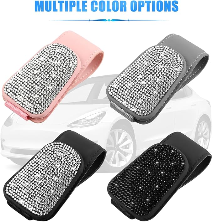 HZEL Bling Sunglass Holder for Car Sun Visor, Magnetic Leather Crystal Rhinestones Vehicle Eyeglasses Visor Clip, Diamond Automotive Glasses Hanger Mount, Universal for SUV RV Truck (Black/White) - Image 6
