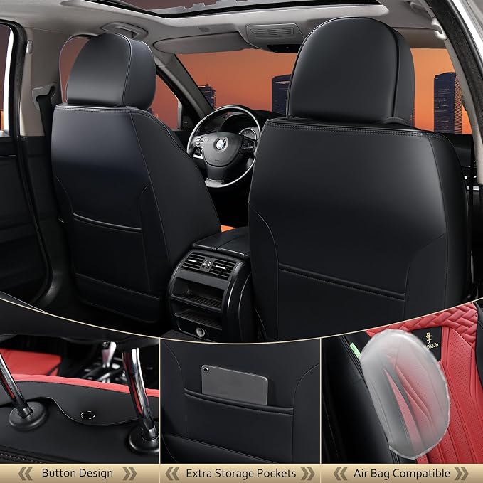 Leather Seat Covers, Car Seat Covers Full Set, Car Seat Protectors 5 Seats, Automotive Seat Covers Driver Seat Covers Fit for Most Cars Trucks SUV-Black&Burgundy - Image 3