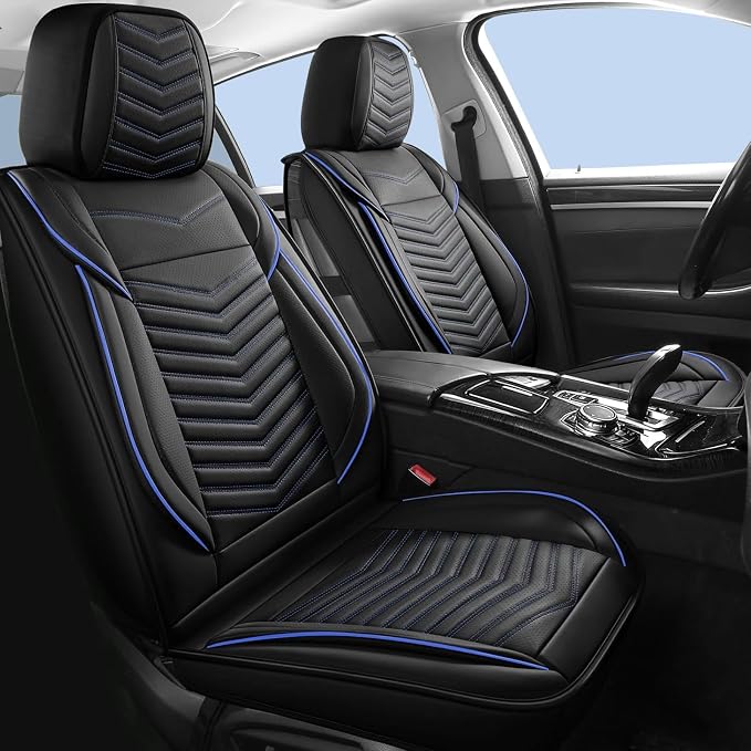 HChengkikz Car Seat Cover, Waterproof Faux Leather (Black + Blueline) | Easy Maintenance, Airbag Compatible, Universal Fit For Most SUVs Trucks Pick-ups Sedans - Image 2