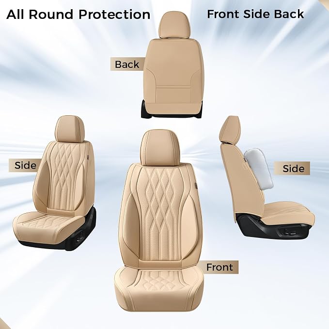 Coverado Seat Covers FullSet, 5 Seats Car Seat Protector, Waterproof Nappa Leather Cushion, Front & Rear Fit for Most Sedans SUV Pick-up Truck-Beige - Image 9