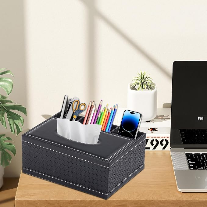Tissue Box Cover Rectangle Black Tissue Box Holder PU Leather Facial Tissue Organizer,Multifunctional Remote Control Stationery Storage Box,Home Office Supplies Car Napkin Caddy - Image 7