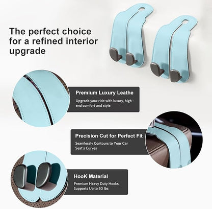 CoBak Purse Hook for Car - Universal Premium Stitched Leather and Aluminum-Magnesium Alloy Double Car Seat Back Storage Hook for Purses, Handbags, Bags (2 Pack),Baby Blue - Image 2