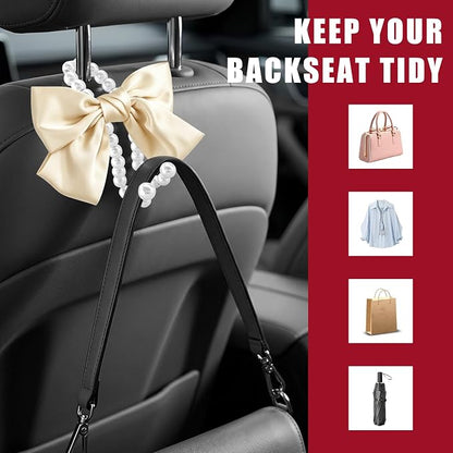2 PCS Bow Pearl Car Seat Headrest Hook, Car Seatback Hanging Organizer Elegant Pearl Purse Hanger, Cute Bow Vehicle Interior Headrest Storage Hook for Handbag Purse Coat (Beige) - Image 5