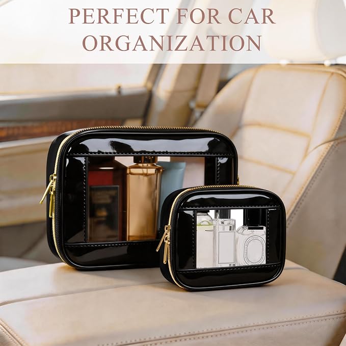 2-Piece Leather Clear Makeup Bags Set - Waterproof Clear Cosmetic Bag Case with Zipper, Transparent TSA Approved Toiletry Bag for Travel, Car Accessories for Women (Black-2, Mini+Medium) - Image 5