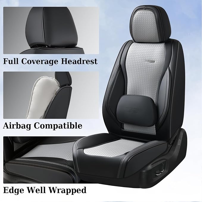 Coverado Seat Covers, Car Seat Covers Front Seats, Waterproof Nappa Leather Auto Seat Cover with Lumbar Head Pillow, Black Gray Seat Covers Carseat Cover Universal Fit for Most Cars - Image 5