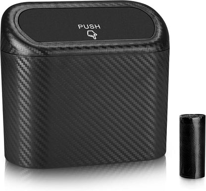 Accmor Car Trash Can with Lid, Mini Vehicle Trash Bin Portable Car Dustbin Garbage Organizer Holder with One Roll Trash Bag, Small Hanging Leakproof Auto Storage Bag Container (Carbon Fiber) by Accmor