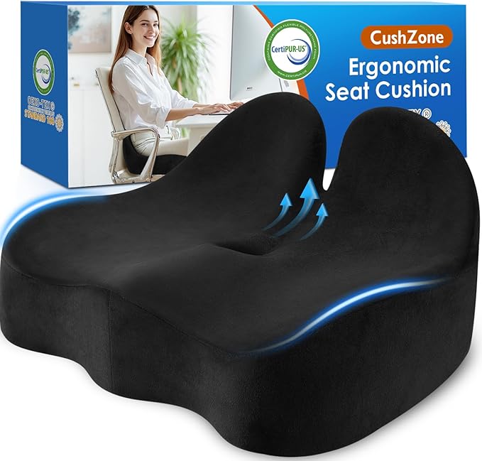 CushZone Ergonomic Seat Cushion, Sciatica Support for Office Chair, Black | Large Size for Sciatica & Hip & Tailbone Pain Relief, Memory Foam Office Chair Cushion for Car, Long Trip, Desk Chair, Lab by CushZone