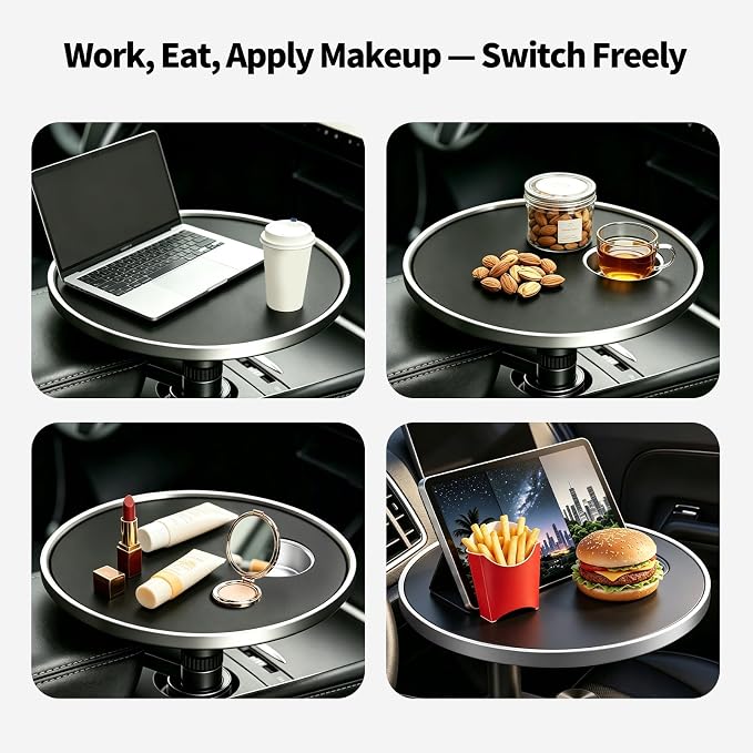 360° Rotating Round Car Desk Laptop Table for Tesla/Ford | ABS Cup Holder Tray for Working & Eating for Tesla Model Y/3/S, for Ford Explorer Maverick Most Vehicles Accessories (Black) - Image 9