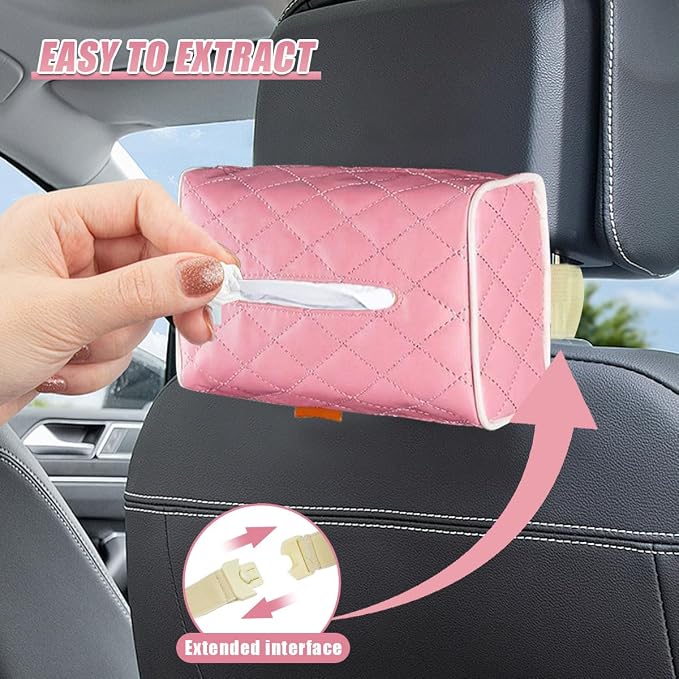 Car Tissue Holder, Soft PU Leather Auto Backseat Napkin Holder, Rectangle Hanging Tissue Box for 100-150 Standard Tissues, Universal Car Interior Storage & Organization Accessories (Pink) - Image 5