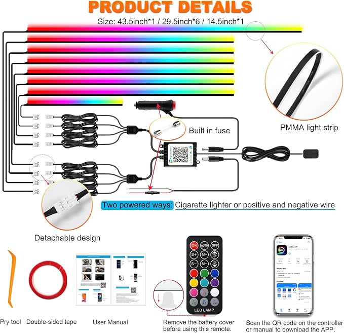 Interior Car LED Strip Lights, 8-in-1 Acrylic RGB Ambient Lighting Kit | Dynamic Dreamcolor Chasing, Music Sync, Wireless APP & RF Remote Control for Car Interior Ambient Lighting - Image 9