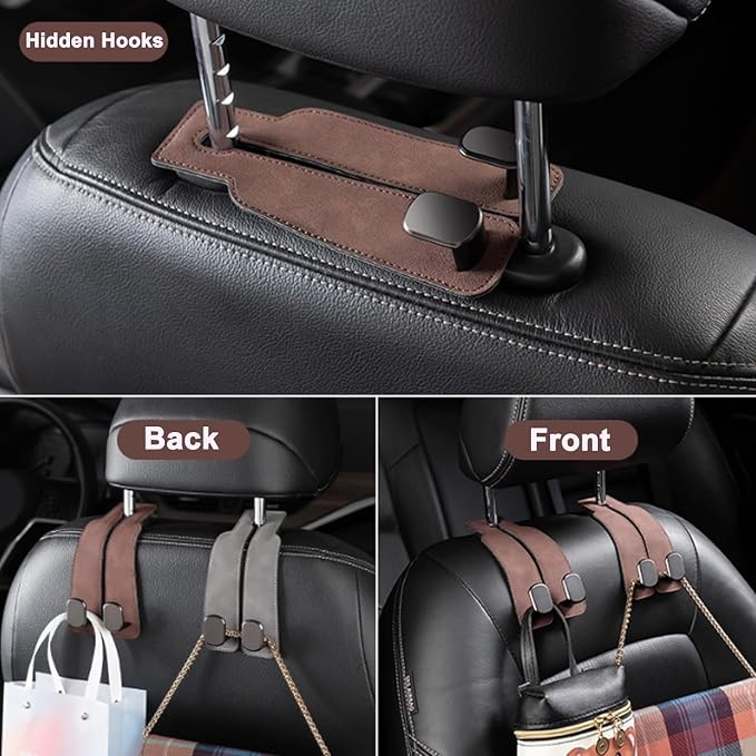 Amelity Car Headrest Hooks, Purse Hook for Car 4 Pack Brown | Universal Car Interior Accessories for Women, Available in 2/4 Pack, Storage Hanger Holds Purses, Backpacks, Grocery Bags - Image 4