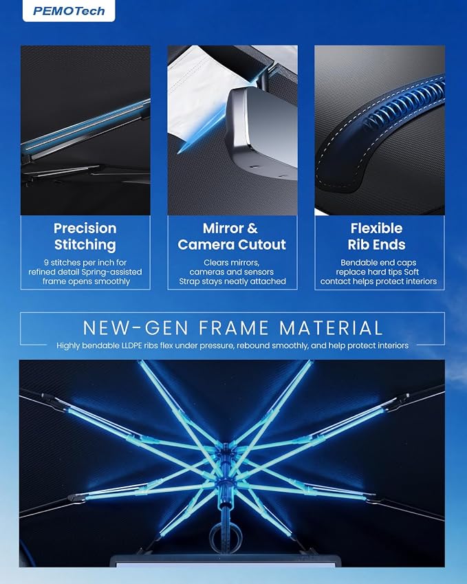PEMOTech【for Chevrolet Spark/Sonic; MINI Cooper and Sports Cars & Coupes】Umbrella Windshield Sun Shade | Quick-Install Reliable UV Blocker&Heat Shield | Versatile Sun shade for Windshield (49"X25.6") - Image 6
