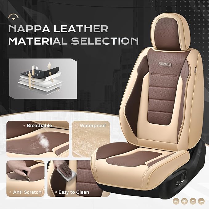 Coverado Car Seat Covers Full Set, Nappa Leather Seat Covers for Cars, Car Seat Protector Car Seat Cushion, Front and Back Seat Protectors Cushions Universal Fit for Most Cars Vehicles(Beige&Coffee) - Image 2