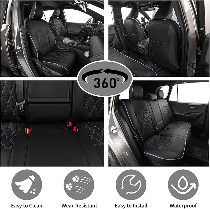 EKR Rav4 Seat Covers Custom Fit for Toyota Rav4 (Hybrid) Woodland/Limited 2026, Leather Car Seat Cover Full Set for SUV,Faux Leather(Black with Blue Piping) - Image 3