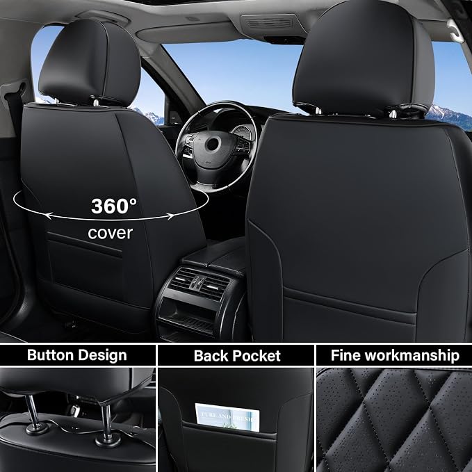 Coverado Car Seat Covers Full Set, Front and Back Seat Covers for Cars, Luxury Faux Leather Waterproof Seat Covers, Black Car Seat Covers, Car Seat Protector Accessories Universal Fit Most Vehicles - Image 3
