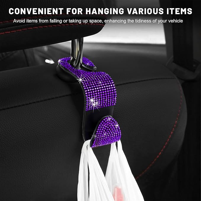 4 PCS Bling Car Seat Headrest Hooks, Sparkly Crystal Rhinestone Auto Back Seat Hanger Backpack Storage Hanger, Universal Diamond Handbag Hanging Holder for Car RV SUV Truck (Purple) - Image 4