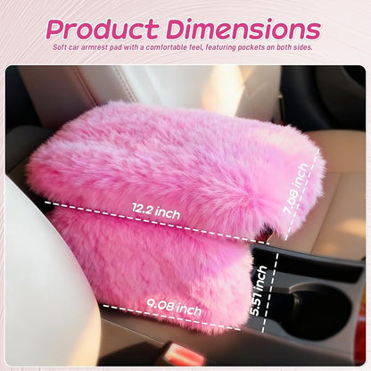Fluffy Car Armrest Cover with Side Pockets – Plush Fuzzy Fur Center Console Armrest Cushion Pad, Universal Winter Car Interior Protector, Soft Arm Rest Cover with Storage for Women & Men (PINK) - Image 2