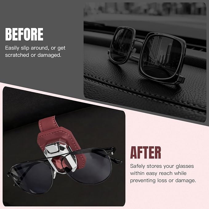 2PCS Sunglass Holder for Car Visor, Faux Leather Eyeglass Holder Clip for Car Sun Visor Organizer, Universal One Handed Operation Sun Glass Hanger, Car Interior Accessories for Women Man - Image 3
